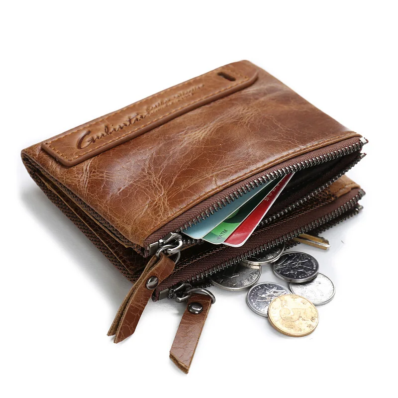 Gubintu Vintage Leather Enterprise RFID Men's Coin Purse Crazy Horse Leather Double Zipper Wallet One Product Dropshipping