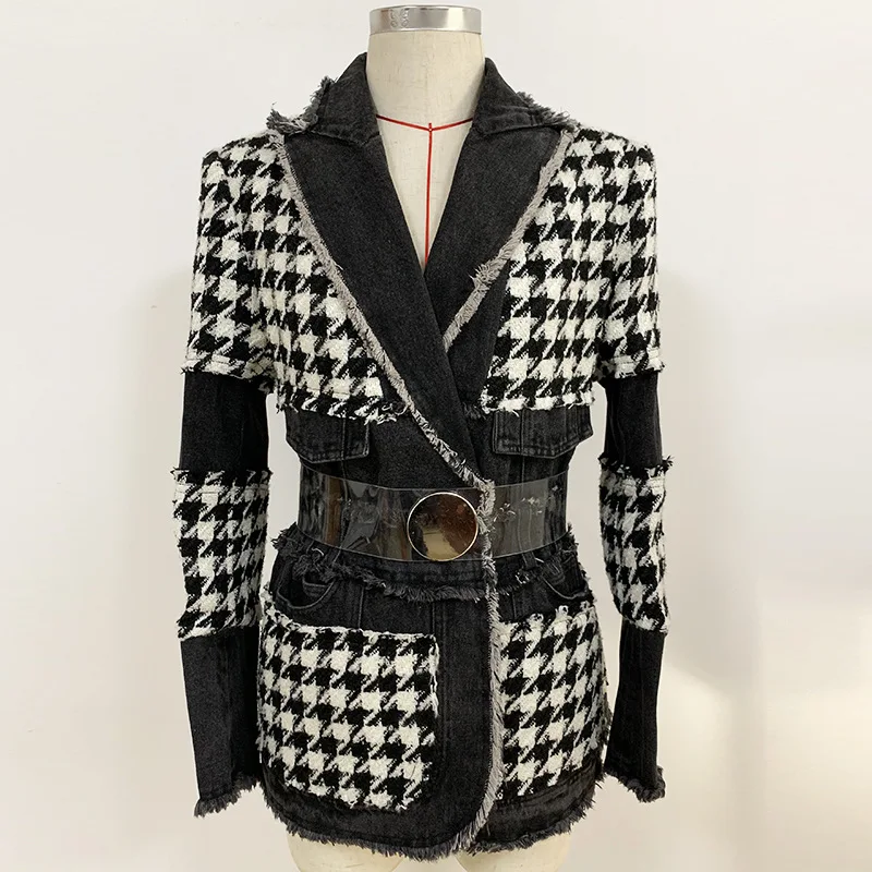

MSXU Women Fashion Chic Belted Houndstooth Patchwork Tweed Sheath Casual Coat Jacket Blazer
