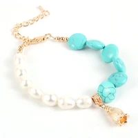 freshwater pearls natural stone bracelets for women girls boho round turquoises crystal beads gold flower charm cute bracelet