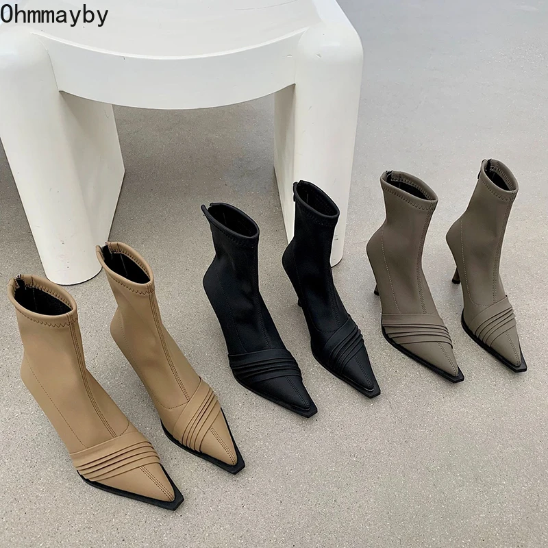 

Женские ботильоны из эластичной ткани, черные, цвета хаки короткие ботильоны на молнии с острым носком, весна 2022