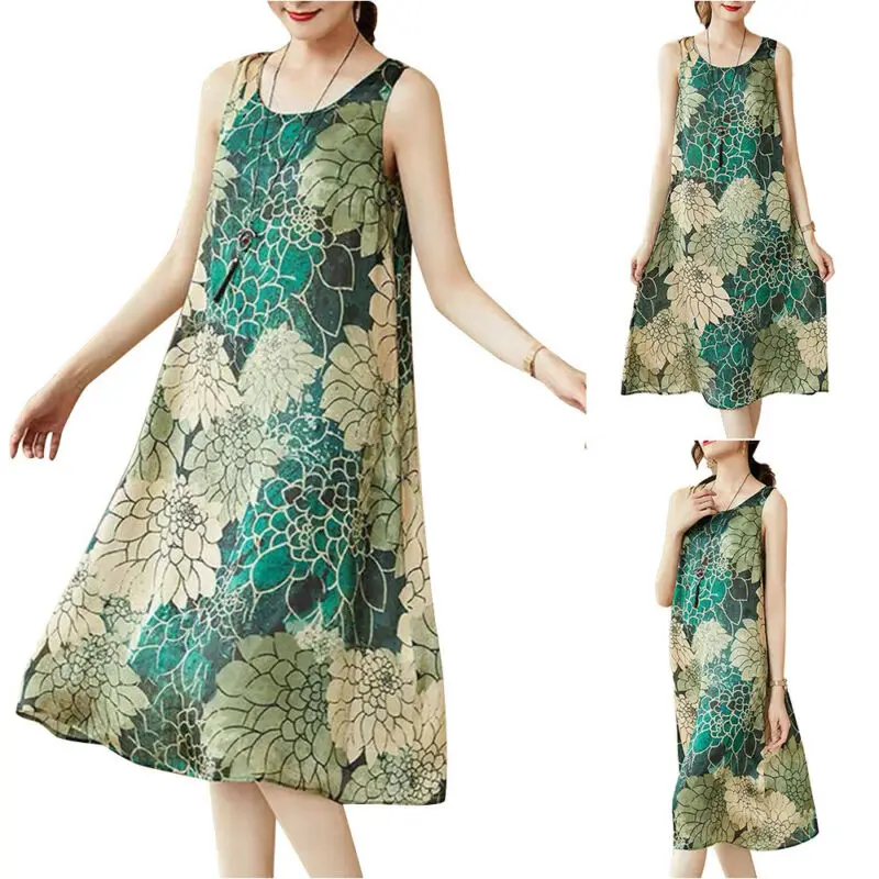 

Женское летнее платье-миди без рукавов с принтом и круглым вырезом