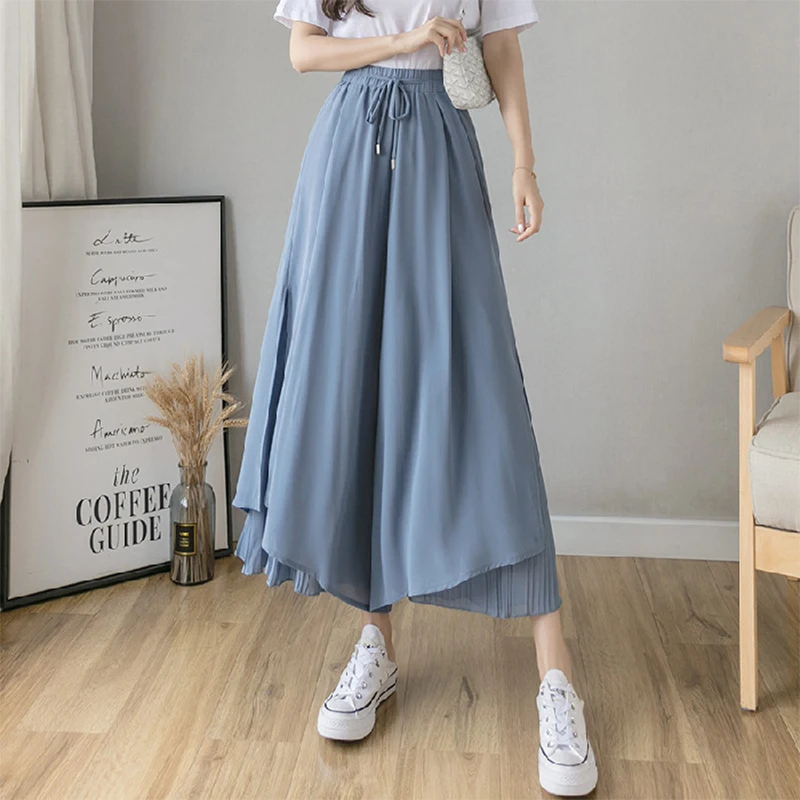 

Fashion Loose Divided Skirts Pantskirt Pure Color Wide-legged Summer Long Tulle Skirts Women High Waist Elastic Fashion Part