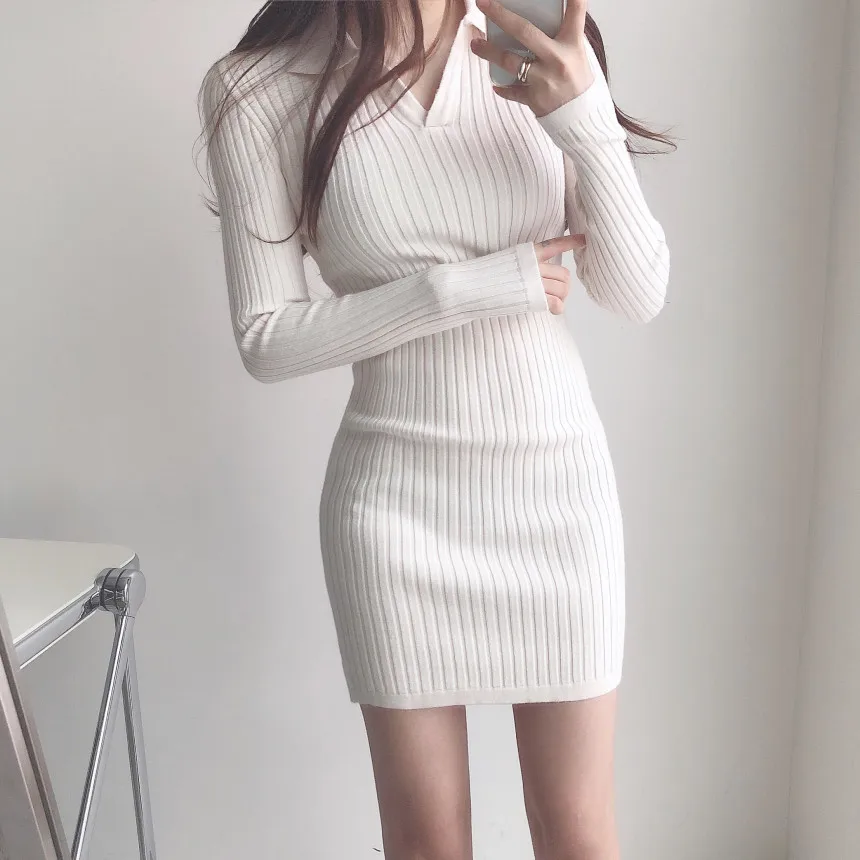 

Hebe&Eos Solid Ribbing Knitted Dress 2021 Autumn Winter Long Sleeve Dress Robe Femme V-neck High Waist Vintage Korea Vestidos