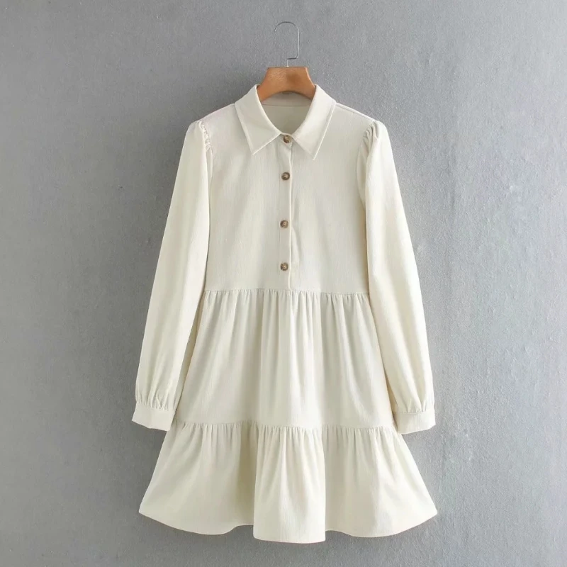 Модное женское вельветовое мини-платье-рубашка с оборками на подоле женская