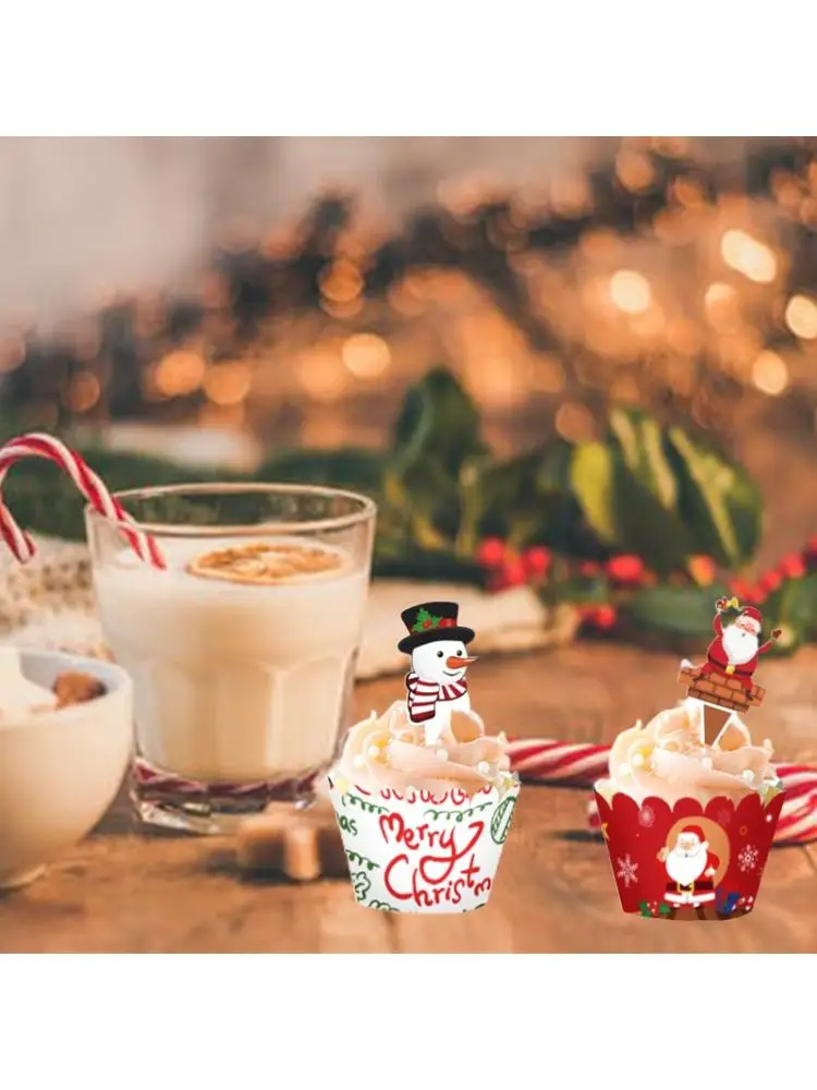 

24/48pcs Merry Christmas Cupcake Toppers Wrappers Santa Claus Xmas Party Supply
