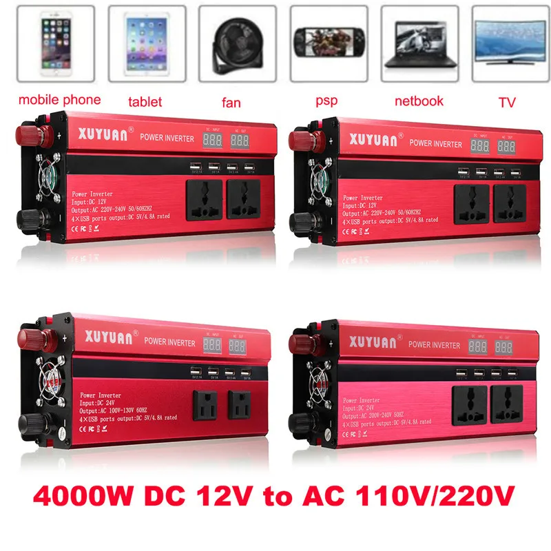 Инвертор 12V 220V 4000 Вт пик автомобиля Мощность инвертор Напряжение трансформатор