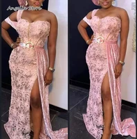 stunding arabic aso ebi style pink lace mermaid formal evening dress for african women side split one shoulder long prom gowns