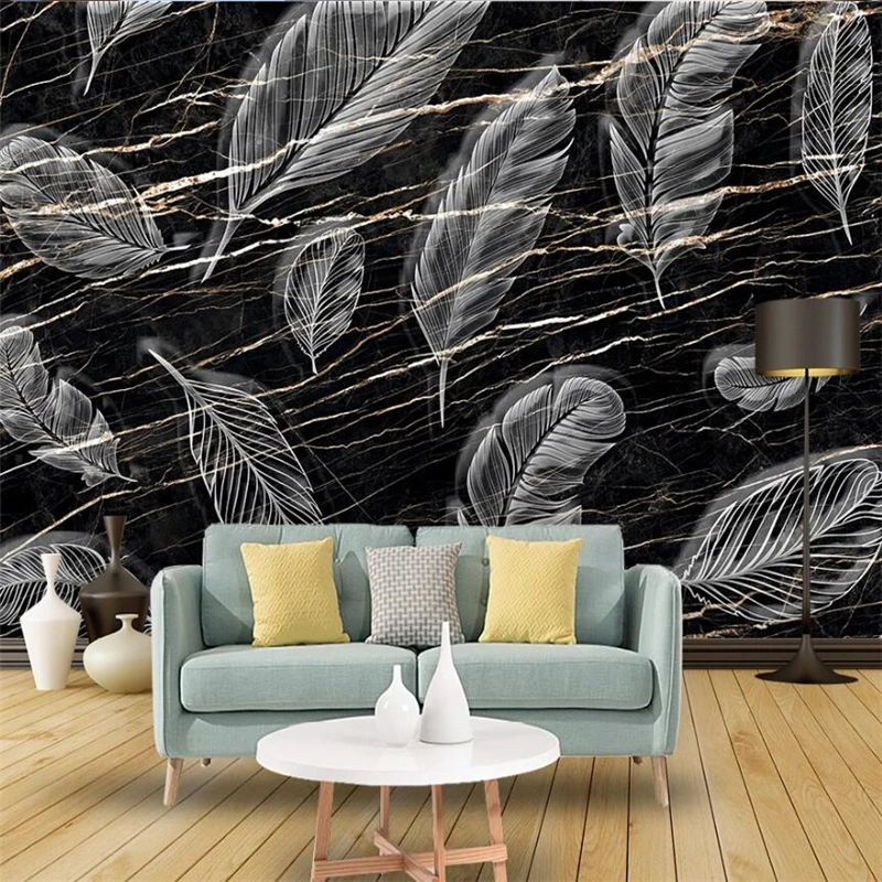wellyu Custom large murals simple black gold stripes marble feather TV background wall wallpaper papel de parede | Обустройство дома