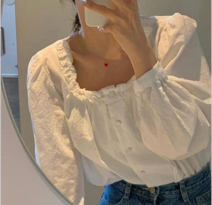 

Women Square Neck Sexy Bare T-shirt Pullover Long Sleeve Pure Color Spring 2021 New Sweet Style Button Sexy Egirl Top