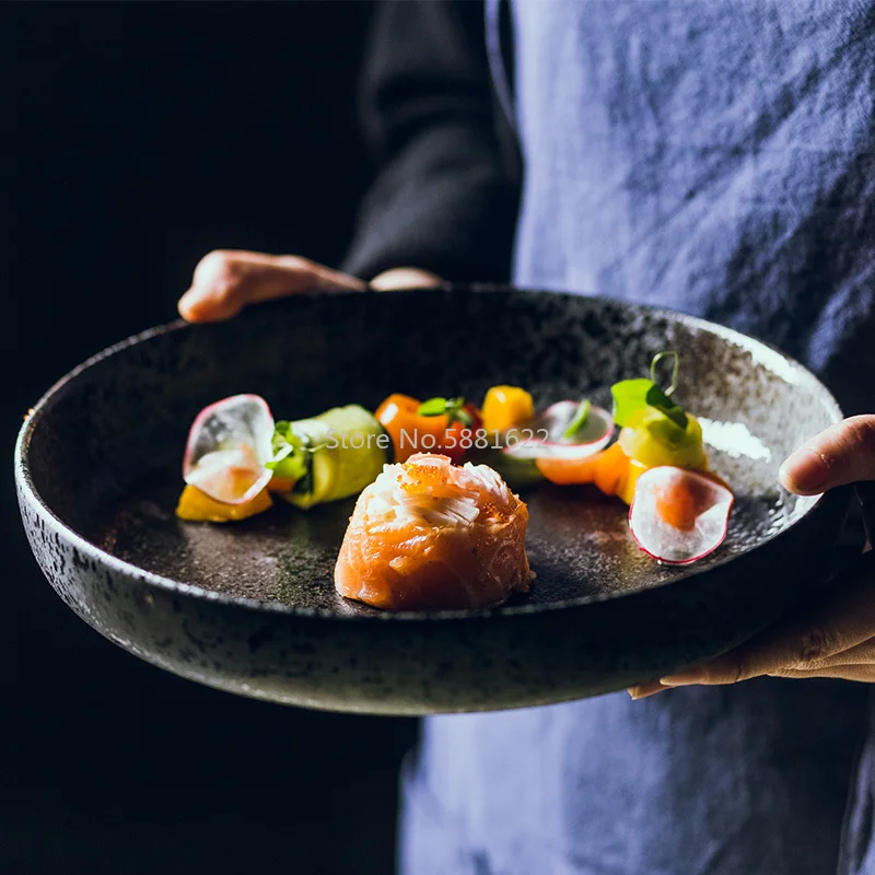 

High-end Japanese-style Plate Large Round 10 Inch Household Ceramic Plate Flat Plate Rice Plate Dinner Plate for Hotels