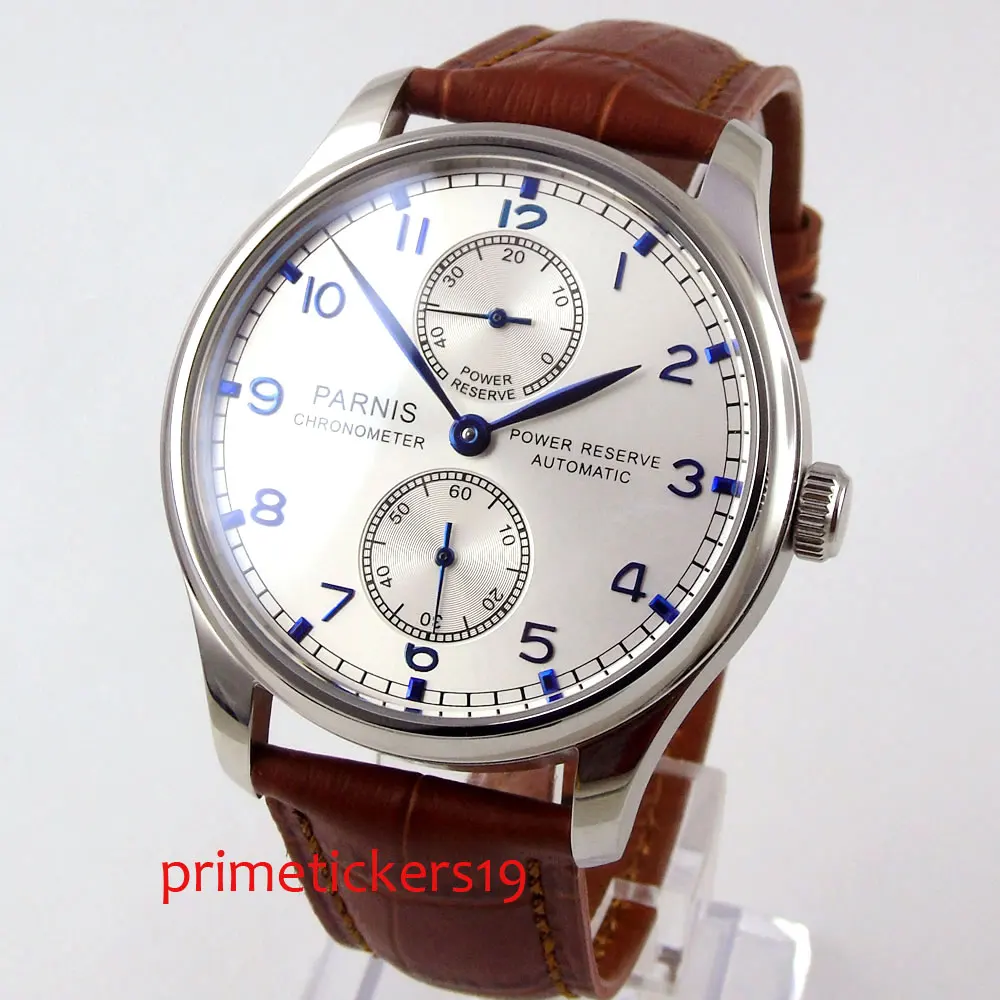 Мужские часы PARNIS с серебристым белым циферблатом и коричневым кожаным ремешком 43