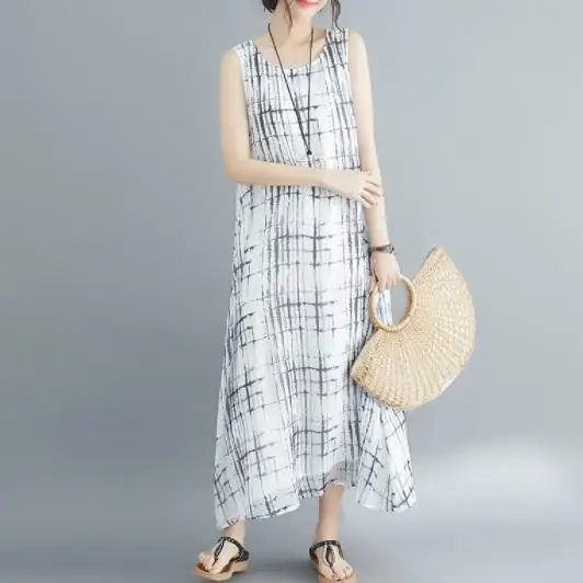 2020 Летнее белое шифоновое платье в клетку Свободные плиссированные платья