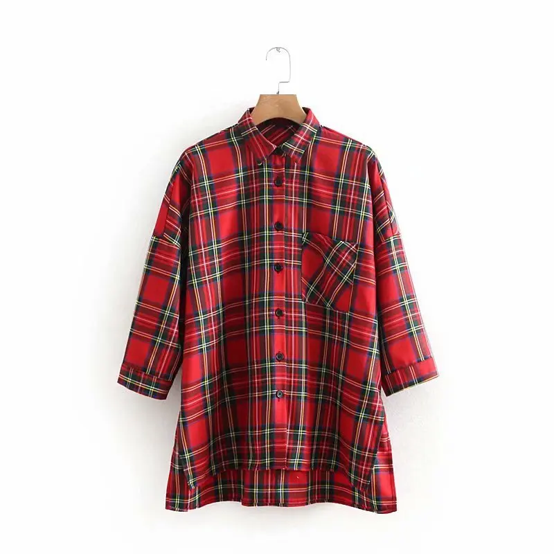 

Женская хлопковая рубашка, винтажная рубашка в клетку, красного и черного цвета, уличная одежда в стиле бохо, осень 2/3