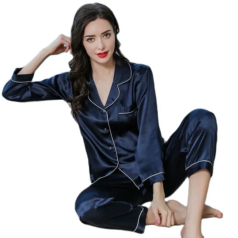 

Real Silk Pajama Sets Female Summer Long-Sleeve Two-Piece 100% SILK Sleepwear Woman Soft Cool Nightwear Homewear T77166
