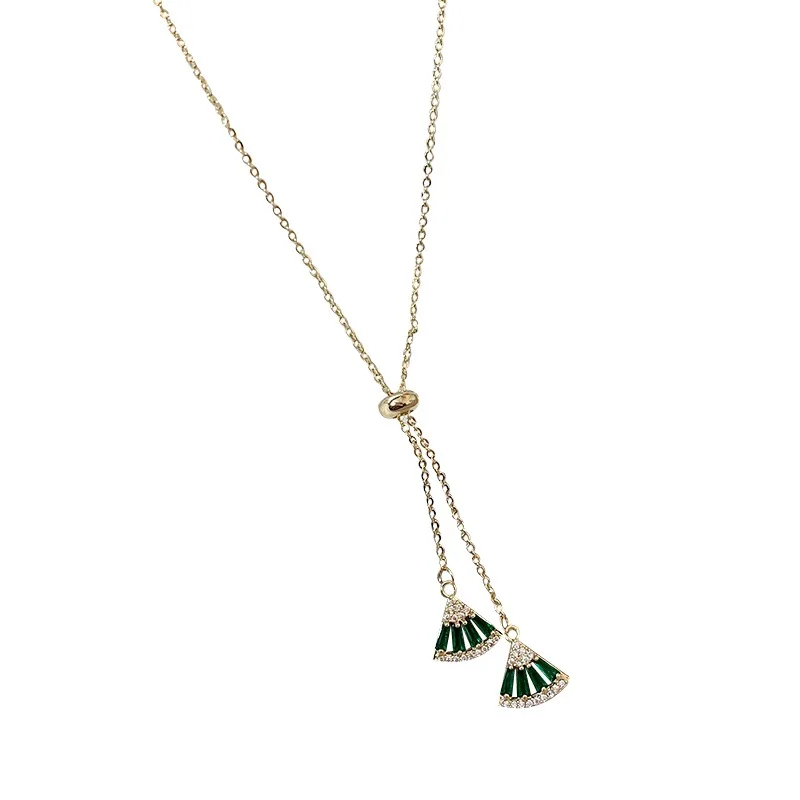 

Fashion Green Zircon Fan Pendant Necklace Women's Luxury New Necklace Sweater Chain Women's Party Jewelry Gifts Anniversary