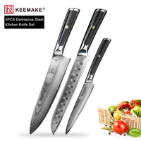 keemake premium chef bread utility knife damascus japanese vg10 steel sharp meat cutting tool g10 handle 3pcs kitchen knives set