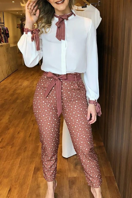 

2021 Summer women's new clothes Tied detail top Polkadot print Pants Set shirt + Print pants - women's suithigh quality