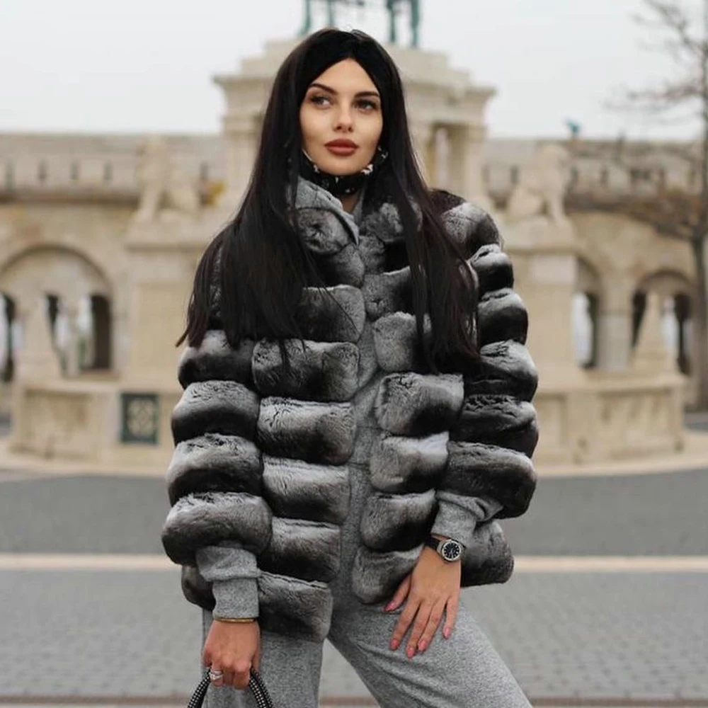 

2021 Winter New Genuine Rex Rabbit Fur Coat Stand Collar Fashion Women Genuine Rex Rabbit Fur Jacket Chinchilla Color Overcoats