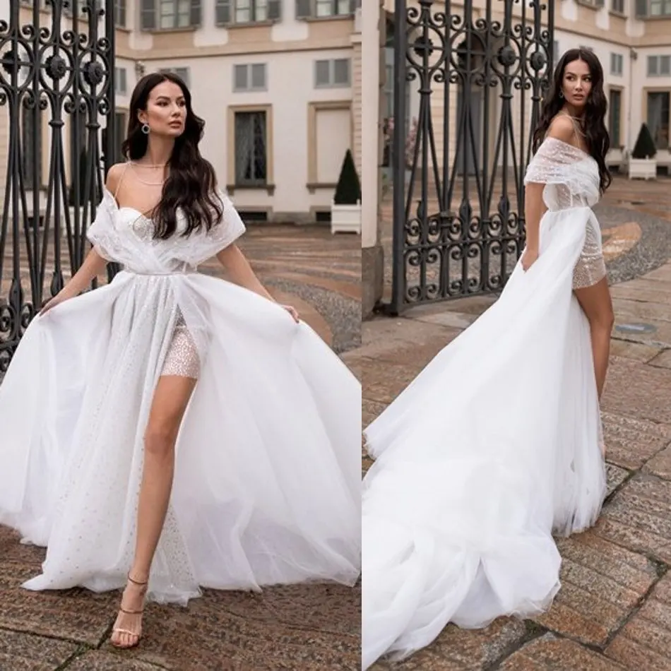 

2020 Fashion Wedding Dresses Off Shoulder Lace Appliques High Side Split Bridal Gowns Sweep Train A-Line Wedding Dress