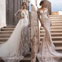 2020 sheer neck long sleeves lace mermaid wedding dresses with detachable skirt 2020 tulle applique sweep train bridal gowns