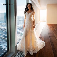 smileven champagne lace mermaid wedding dress 2020 long sleeve bridal gowns buttons back robe de mariee wedding gowns