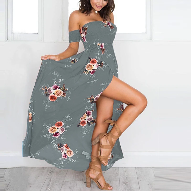 

Women Dress Sexy Strapless Off Shoulder Floral Print Female Chiffon Sundress Bohemia Slash Neck Beach Split Woman Maxi Dress