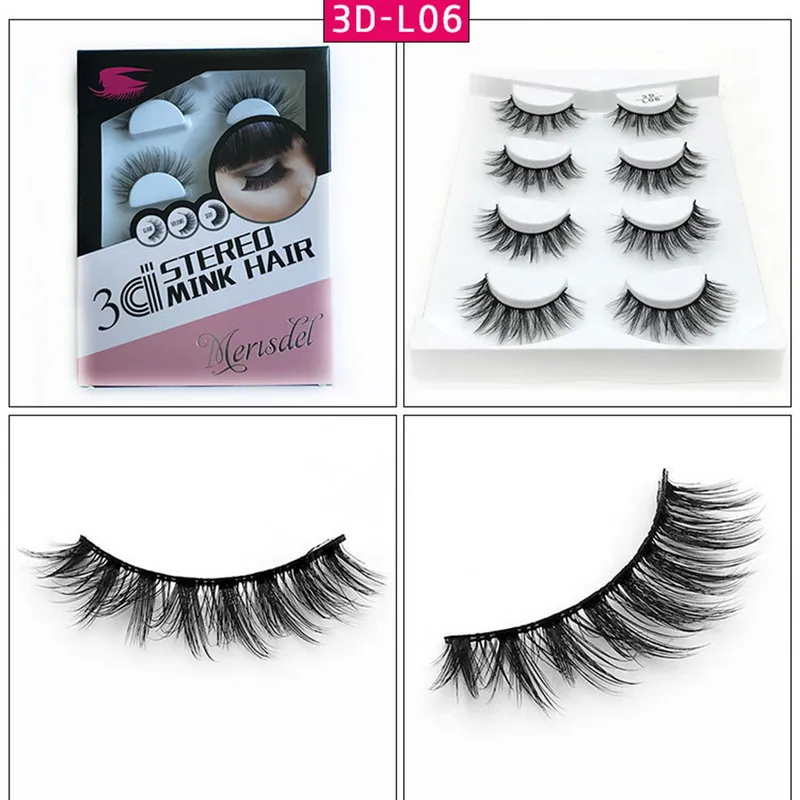 4 пары Набор накладных ресниц Многоразовые 3D ручной работы натуральный толстый