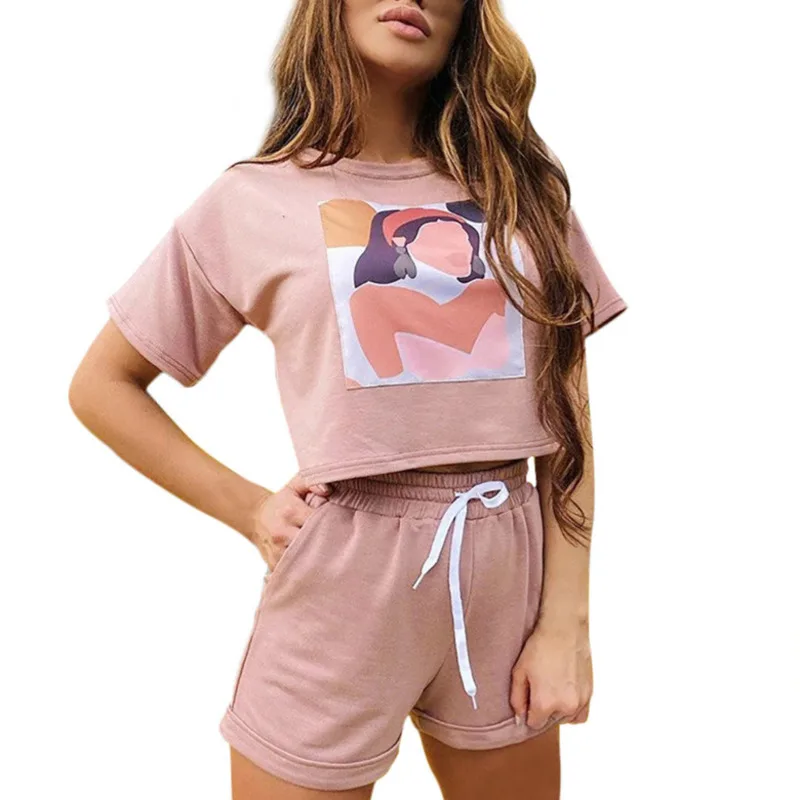 

Женский Повседневный костюм из двух предметов, футболка с коротким рукавом и круглым вырезом с принтом из мультфильма, лето 2021