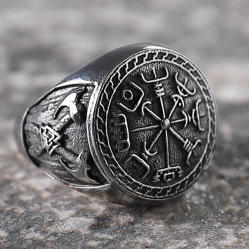 

New Vintage Viking Pirate Double Axe Men's Totem Ring Stainless Steel Men Punk Motorcycle Biker Party Jewelry Gift