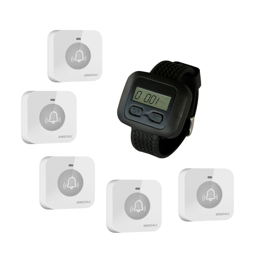 

SINGCALL Wireless Restaurant Bar Hotel Service Calling System, 1 Watch Receiver and 5 Small Touchable Buttons