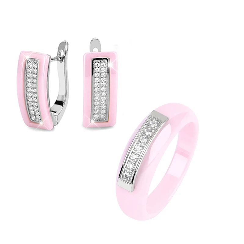 Pink Set Jewelry Элегантный стиль, обручальные ювелирные наборы, кубический циркон для женщин, никогда не теряет цвет, керамические свадебные серьги, наборы с кольцами - Окраска металла: Pink Set Jewelry