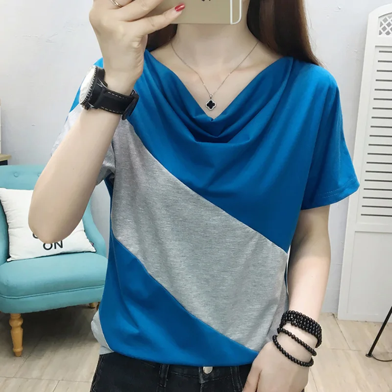 

2021 модная женская футболка Poleras De Moda, женская футболка с коротким рукавом в стиле пэчворк, Женская хлопковая футболка, женские топы, Корейска...