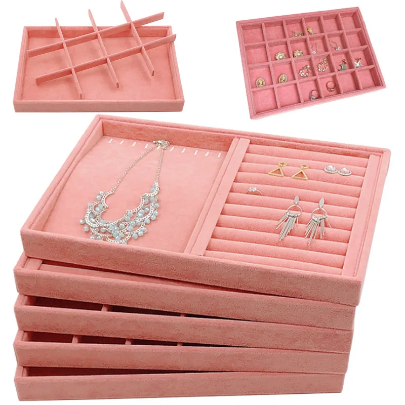 New Arrival Pink Velvet Ring Jewelry Display Organizer Case Holder L/M/S Necklace Earrings Storage Box Showcase Jewelry Stand