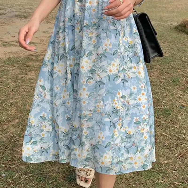 

Women Puff Sleeved Sweet Fairy Dress 2021 French Vintage Floral Stretch Waist Vestidos Summer Slim Chiffon Temperament Robe New