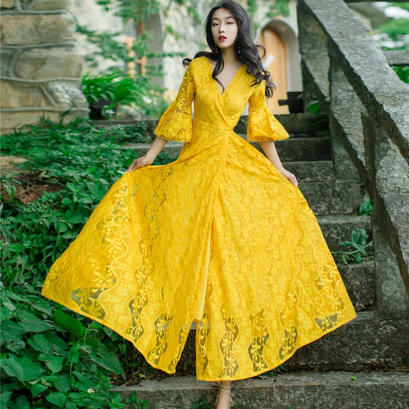 HAMALIEL желтая кружевная юбка Длинные вечерние бохо платье 2020 летнее для женщин с