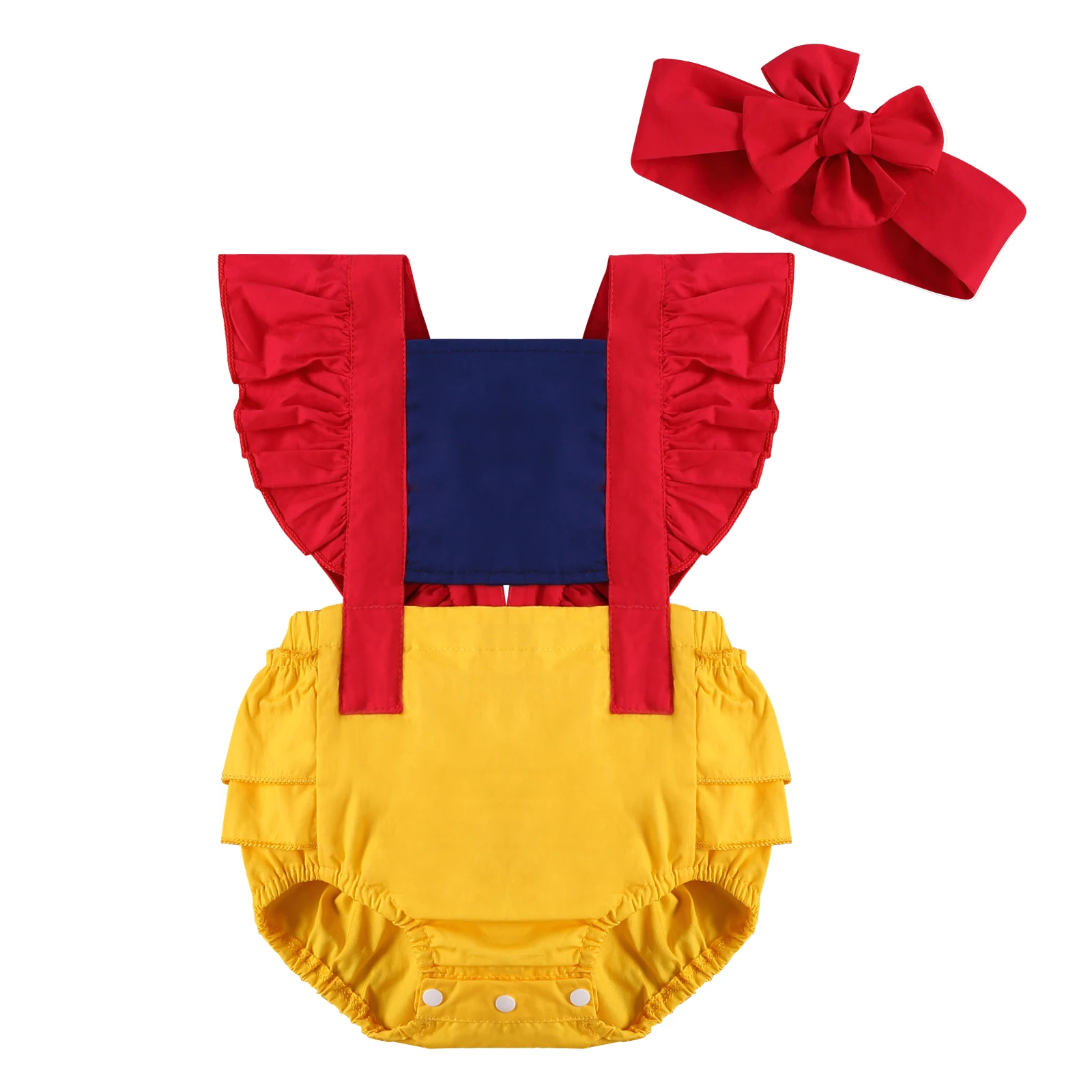 

BY Baby Romper with Headdress, Kids Square Neck Fly Sleeve Bodysuit and Headwear for Girls, Red, 0-24 Months