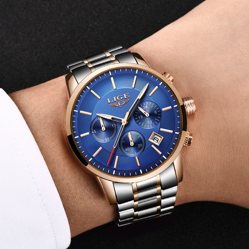 Часы наручные LIGE Мужские кварцевые модные брендовые Роскошные спортивные с
