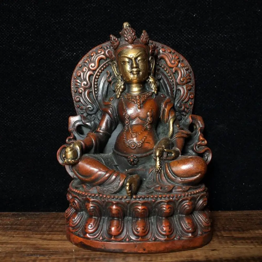 

5"Tibet Buddhism Temple Old Bronze Gilt Real gold Yellow God of Wealth Buddha Statue Esoteric Guardian Chambala Enshrine