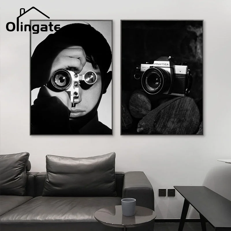 

Vintage Black White Portrait Canvas Painting Nordic Simple Camera Figure Wall Art One Piece Canvas Poster Home Living Room Decor