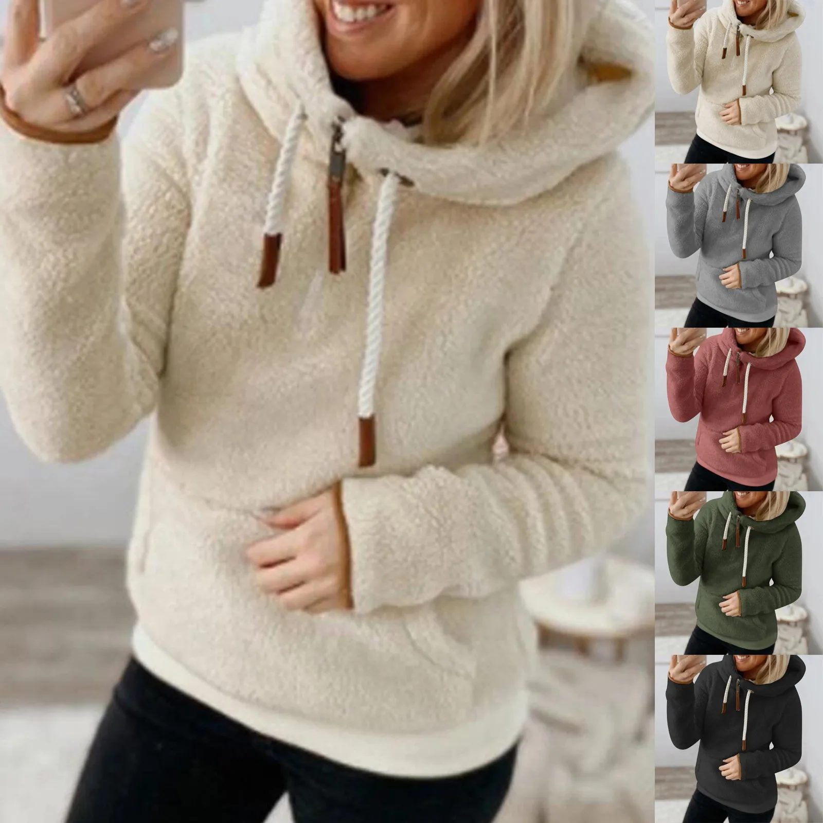 Худи свободного кроя из одеяло с длинными рукавами Толстовка в клетку зимняя