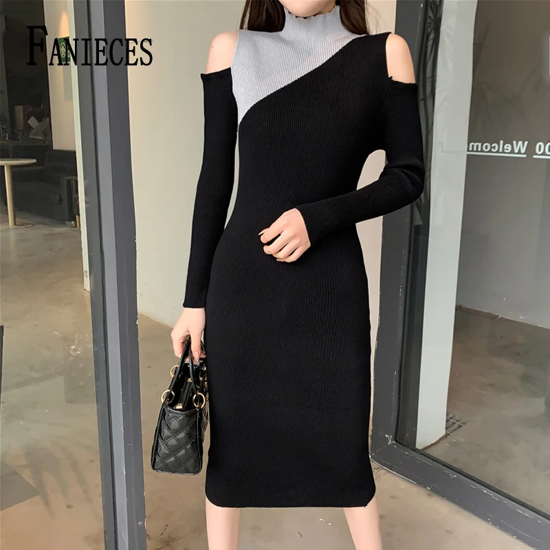 

Женское трикотажное платье-миди с открытыми плечами