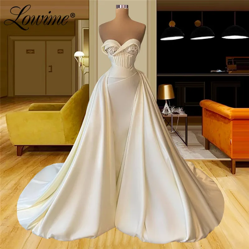 

Lowime Ivory Long Prom Dresses Lace Evening Dress Dubai Arabic Formal Satin Party Gowns For Weddings Robe De Soirée De Mariage