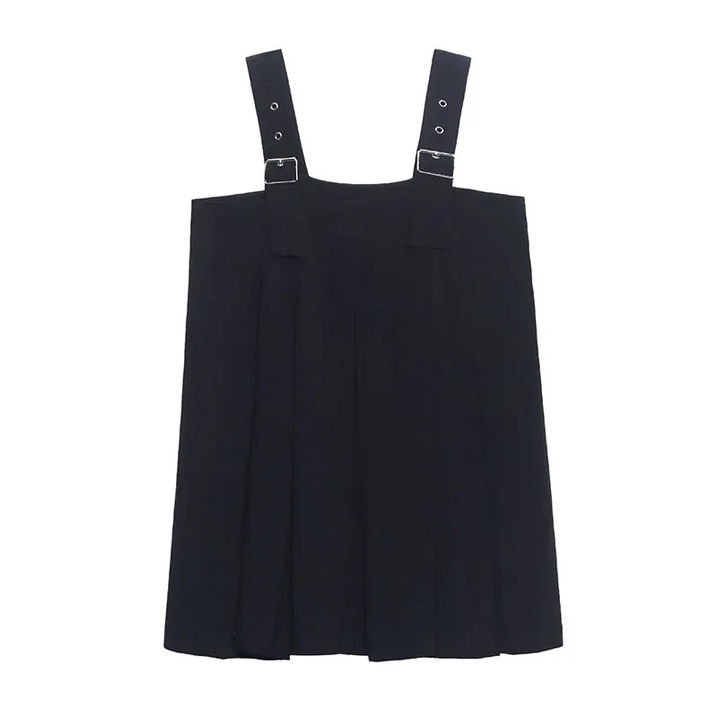 

XITAO Solid Black Pleated Suspender Dress Summer New Women Mini Casual Loose Simplicity Temperament All-match Dress WMD0557