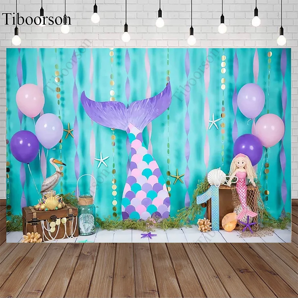 

Mermaid Photography Backdrop 1st Birthday Photo Purple Undersea Theme Kids Portrait Girl Cake Smash Baby Photo Studio Banner
