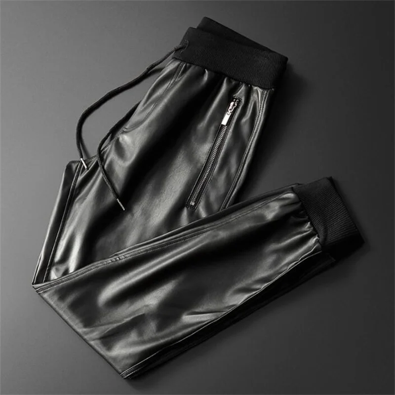 New leather harem pants men's waterproof and wear-resistant leisure motorcycle feet trousers loose 2021spring autumn fashion