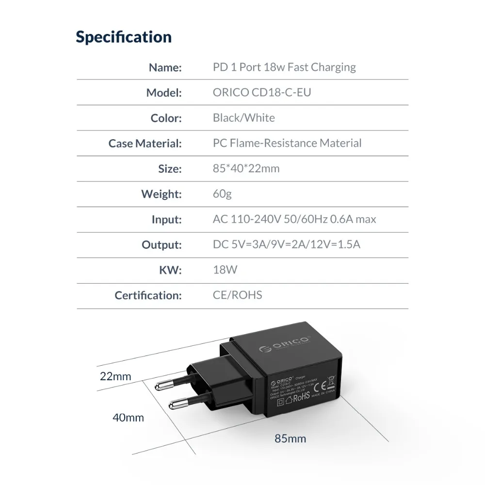 ORICO 18 Вт usb type C зарядное устройство Быстрая зарядка PD быстрое зарядное устройство для iPhone 11Pro iPhone 11Pro Max xiaomi huawei PD зарядное устройство
