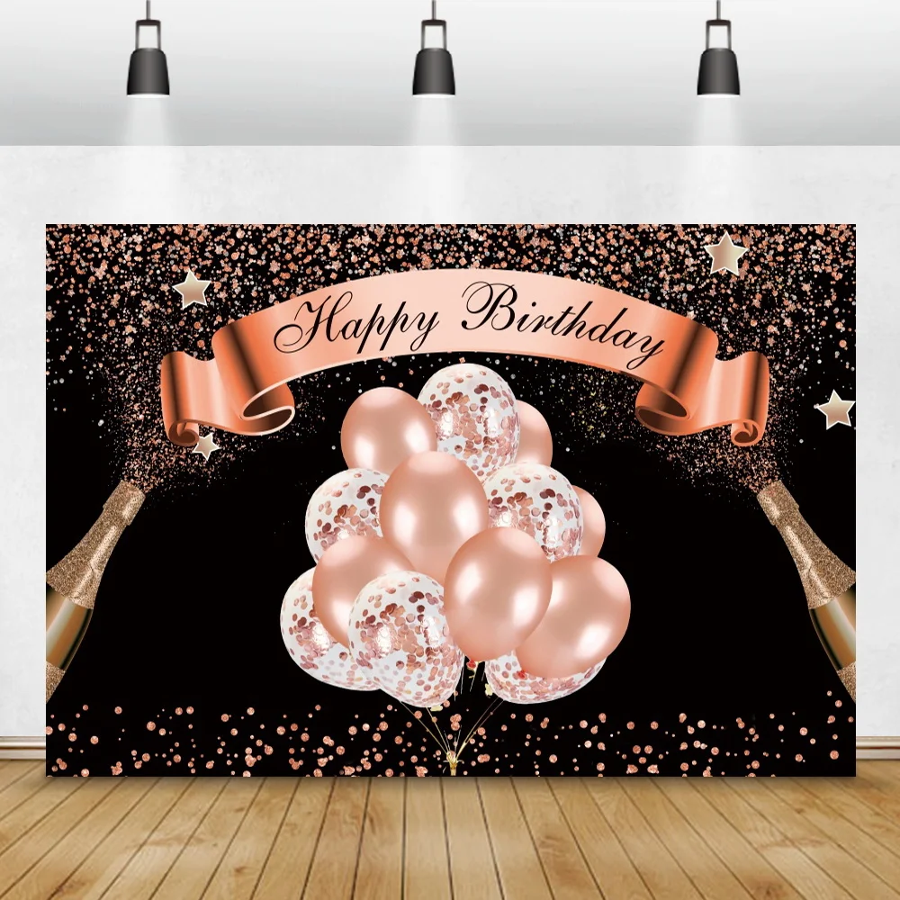 

Photo Backdrop Happy Birthday Pink Balloons Glitters Champagne Custom Banner Poster Friend Party Portrait Photography Background