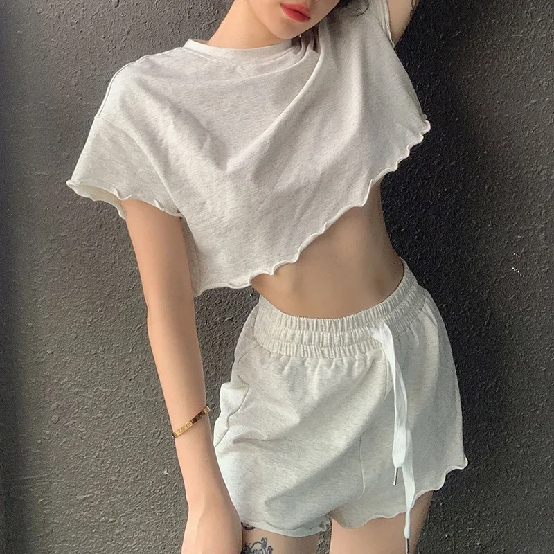 

Summer Fashion Women Sets Cropped Shirt High-Waist Shorts Casual Lace-up Casual Elastic Ruffle Loose Sports Suit Streetwear