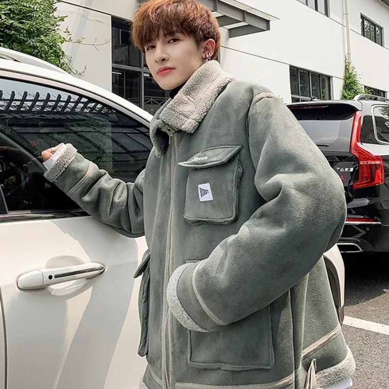 Plus Size 5XL Thicken Suede Cotton Jacket Men Japan Style Casual Winter Warm Loose Outerwear College Street Biker Khaki | Мужская одежда