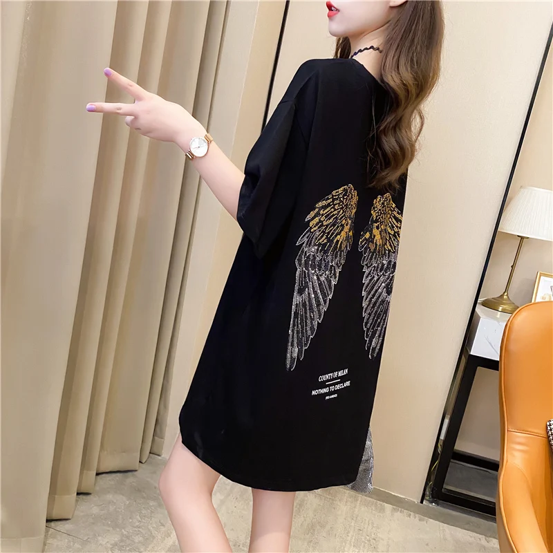 

Shiny Mesh Stitching Stars Sequined T-shirt Dress Women Loose Mid-length Beaded Tees Gauze Spliced Short-sleeved Crop Tops 2020